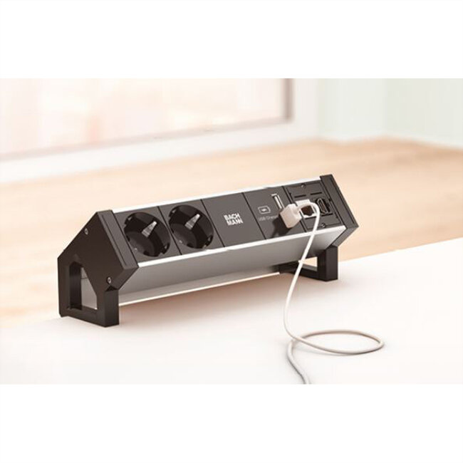 BACHMANN DESK2 ALU ZWART 2x geaard stopcontact, 1x USB oplader en 1x ABD GST18