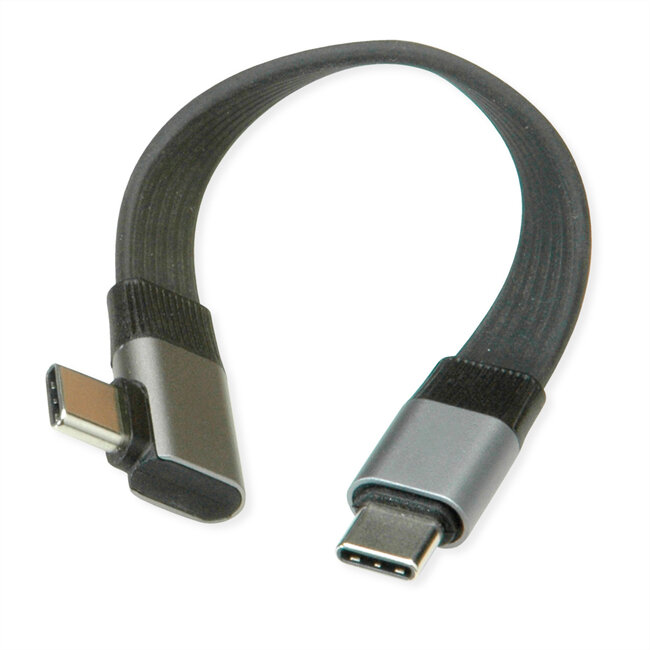 ROLINE USB4 2.0 Flachkabel, C–C, ST/ST einseitig 90°-gewinkelt, 8K UHD-2, 80Gbit/s, 240W, schwarz, 0,13 m