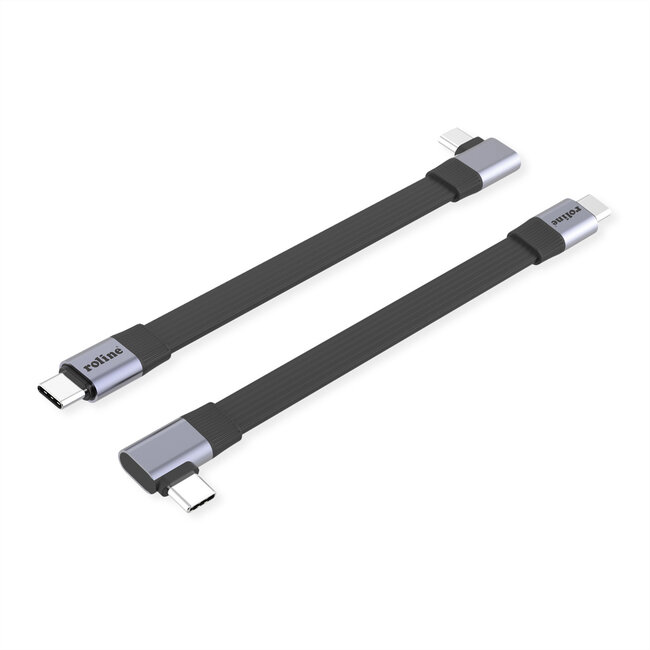 ROLINE USB4 2.0 Flachkabel, C–C, ST/ST einseitig 90°-gewinkelt, 8K UHD-2, 80Gbit/s, 240W, schwarz, 0,13 m