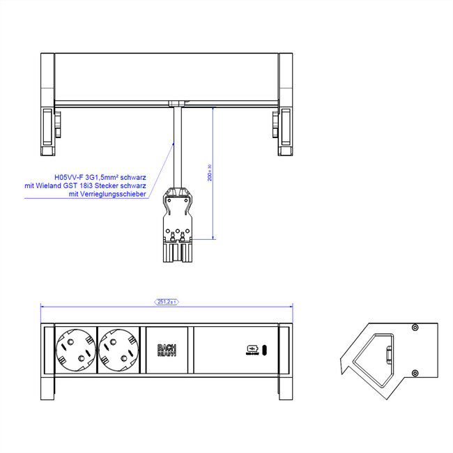 BACHMANN DESK2 2x2contact USB C, USB Lader 60W 0.2m GST18 INOX