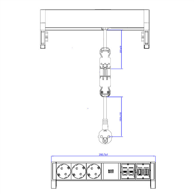 BACHMANN DESK2 3x geaard stopcontact 2xCAT6, 1xHDMI, 1xUSB 3.0, toevoerleiding GST18 0,2m, INOX