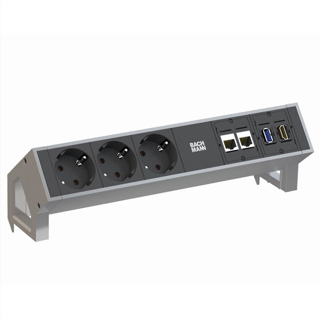 BACHMANN DESK2 3x geaard stopcontact 2xCAT6, 1xHDMI, 1xUSB 3.0, toevoerleiding GST18 0,2m, INOX