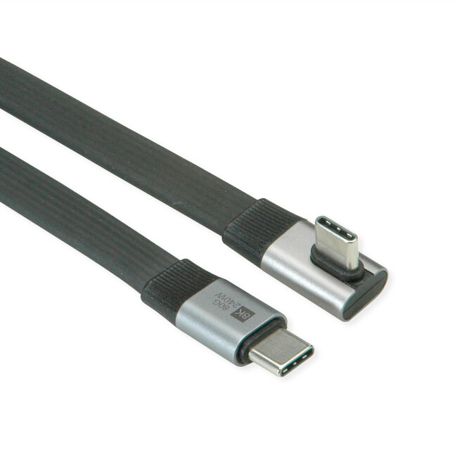 ROLINE USB4 2.0 Flachkabel, C–C, ST/ST einseitig 90°-gewinkelt, 8K UHD-2, 80Gbit/s, 240W, schwarz, 0,8 m