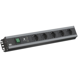 Bachmann BACHMANN stekkerdoos, 5x geaard contact, met schakelaar, 2x USB oplader, geschikt voor 19" kast, 2 m