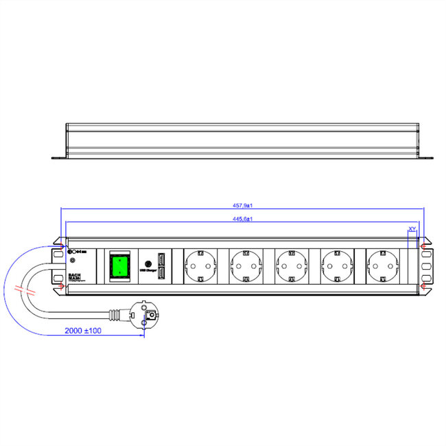 BACHMANN stekkerdoos, 5x geaard contact, met schakelaar, 2x USB oplader, geschikt voor 19" kast, 2 m