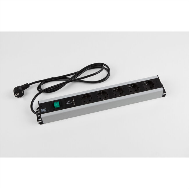 BACHMANN stekkerdoos, 5x geaard contact, met schakelaar, 2x USB oplader, geschikt voor 19" kast, 2 m