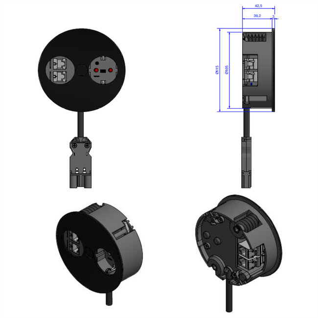 BACHMANN TWIST 1x geaard contact 2x keystone, GST18 connector, zwart, 0,2 m
