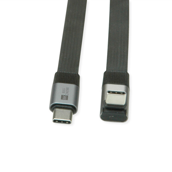 ROLINE USB4 2.0 Flachkabel, C–C, ST/ST einseitig 270°-gewinkelt, 8K UHD-2, 80Gbit/s, 240W, schwarz, 0,8 m