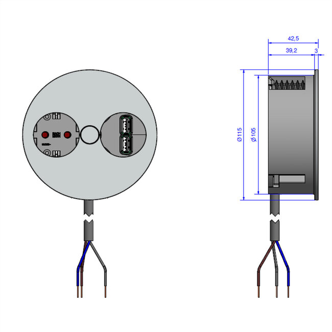 BACHMANN TWIST 1x geaard stopcontact, adereindhulzen, USB oplader, geaarde stroomkabel, wit, 2 m
