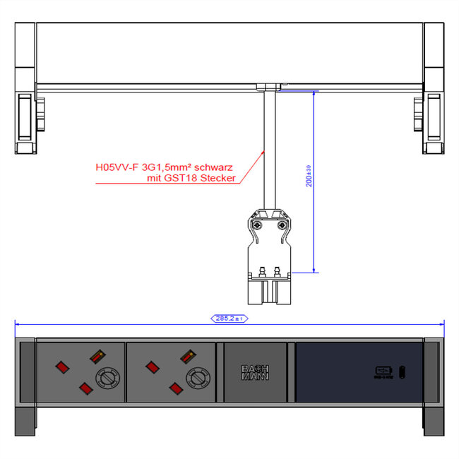 BACHMANN DESK2 ALU ZWART 2xUK, 1xUSBC 60W 0,2m GST18 Verenigd Koninkrijk (UK)