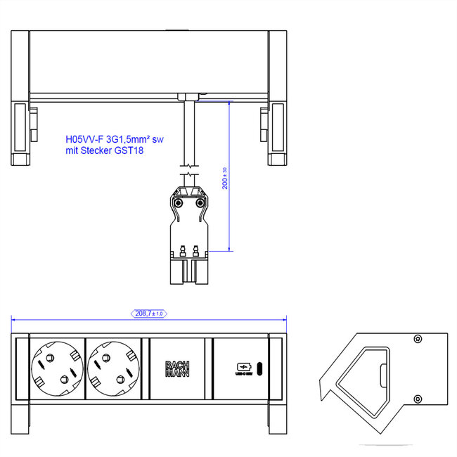 BACHMANN DESK2 2xbeschermend contact USB C, USB-lader 30W 0,2m GST18 wit