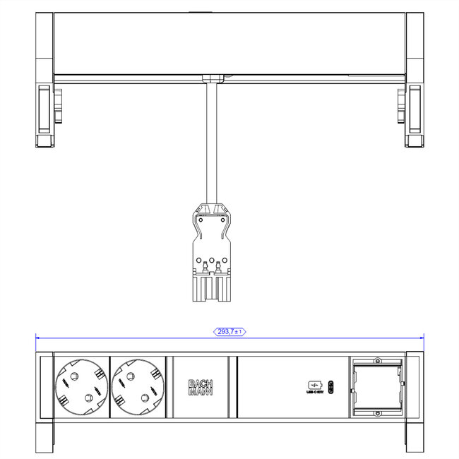 BACHMANN DESK2 2x geaard stopcontact USB C , USB Oplader 60W 1xABD 0,2m GST18 Zwart
