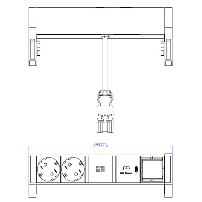BACHMANN DESK2 2x Geaard stopcontact USB C , USB Oplader 30W 1xABD 0.2m GST18 Zwart