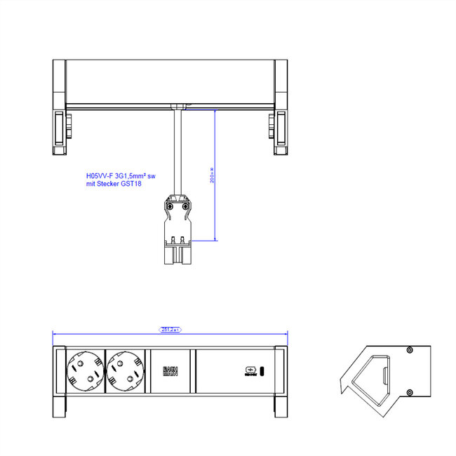 BACHMANN DESK2 2xbeschermend contact USB C, USB Lader 60W 0.2m GST18 zwart