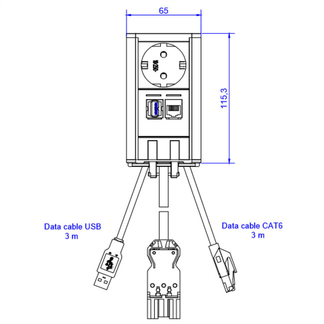 BACHMANN ELEVATOR 1x geaard stopcontact, 1x CAT6, 1x USB 3.0, Roestvrij staal