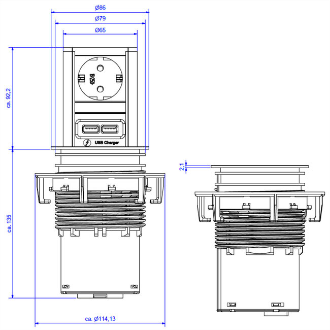 BACHMANN ELEVATOR 1xCEE7/3 1xUSB Oplader 2,0m AEH RAL9005