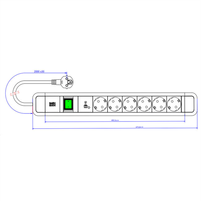 BACHMANN PRIMO 2 6xCEE7/3 1xSPD-Plus 1xswitch 2,0m CEE7/7