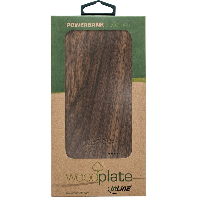 InLine® houtplaat, USB powerbank 5.000mAh, met LED-display, echt hout, walnoot