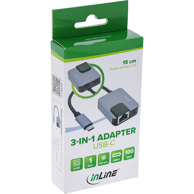 InLine® USB-C 3-in-1 adapter, Gigabit, audio, PD 3.0