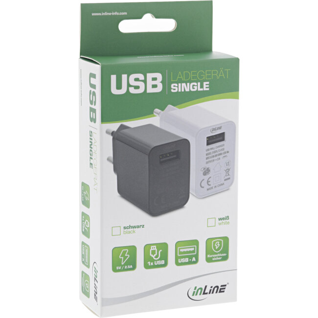 InLine® USB-oplader enkel, voedingseenheid, 100-240V tot 5V/2,5A, wit
