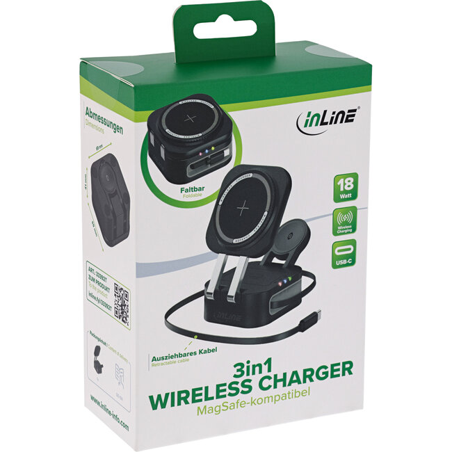 InLine® 3-in-1 draadloze oplader, 15 W Qi MagSafe-compatibel, 0,8 m kabel