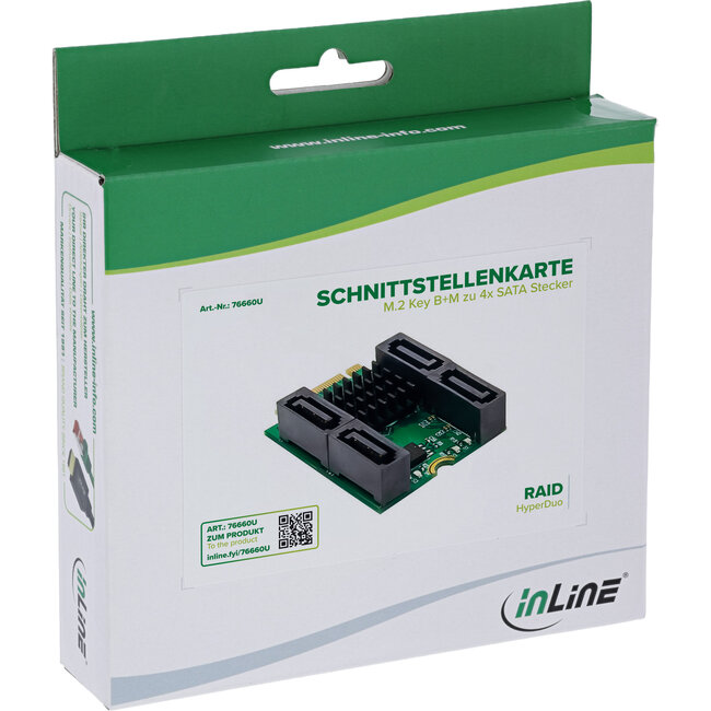InLine® interfacekaart M.2 Key B+M naar 4x SATA-aansluiting, RAID, HyperDuo