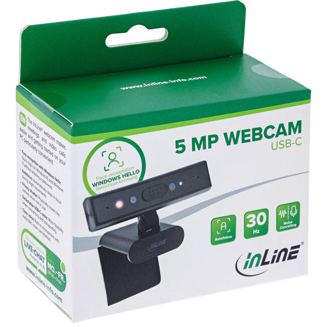 InLine® 5MP webcam, USB-C, autofocus, Windows Hello, privacy shutter