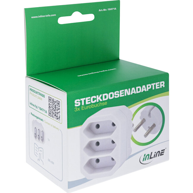 InLine® wandcontactdoosadapter, randaardestekker naar 3x Euro contactdoos, wit