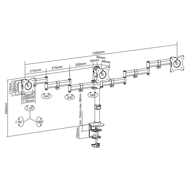 InLine® bureausteun voor 3x TFT/LCD/LED tot 68cm (27"), max. 3x8 kg