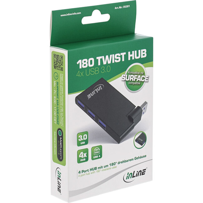 InLine® 180 Twist Hub USB 3.0, 4 poorten, draaibaar, zwart