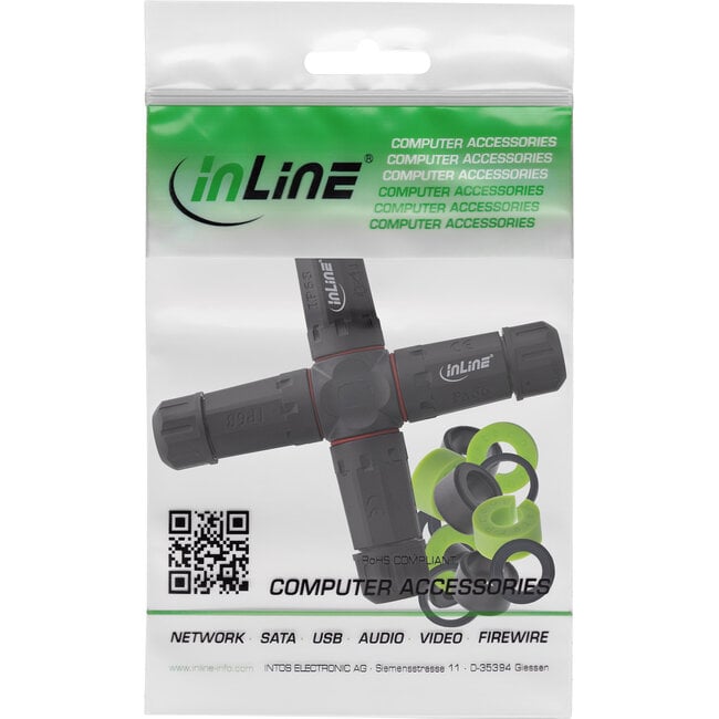 InLine® Voedingskabel koppelaar, IP68, 3-polig, 4-weg, M20, zwart