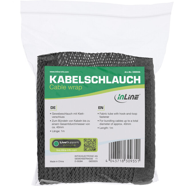 InLine® beschermslang, stoffen beschermslang met klittenband, 1m x 40mm zwart