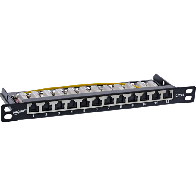 InLine® 10" patchpaneel Cat.6A 0,5U 12-voudig, zwart, met stofbescherming
