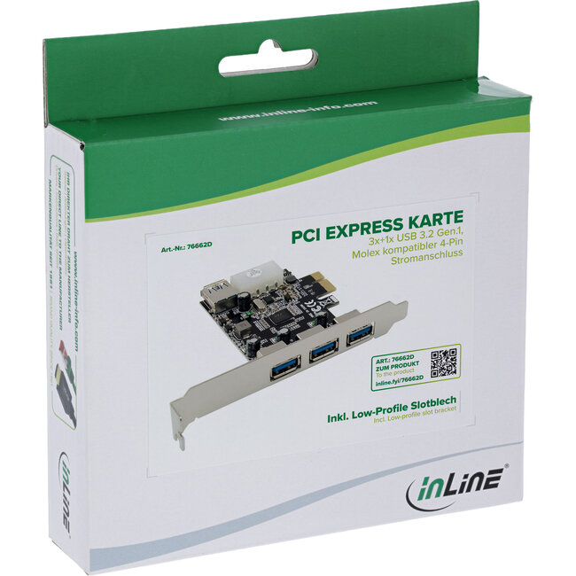 InLine® PCIe-kaart, 3x+1x USB 3.2 Gen.1, PCIe, Molex-compatibele 4-pins