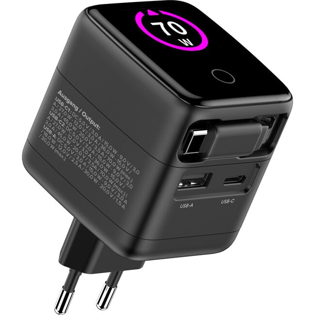 InLine® USB-voeding, 70W, GaN, USB-C PD + USB-A QC, kabel 60cm, zwart