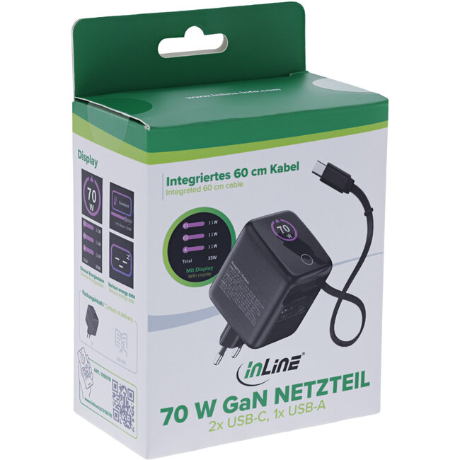 InLine® USB-voeding, 70W, GaN, USB-C PD + USB-A QC, kabel 60cm, zwart