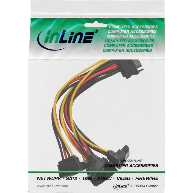 InLine® SATA power Y-kabel, SATA female /4x SATA male haaks, met nokken, 0,30m
