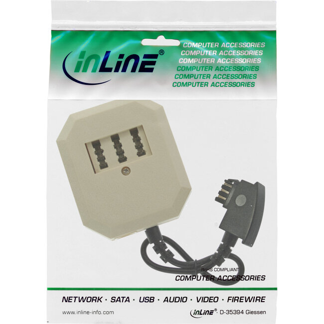 InLine® TAE-adapter, TAE-F male naar TAE NFF + RJ11 (6P4C) female, 0,2m