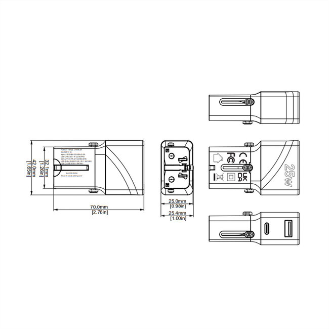 VALUE USB Reise-Charger mit Euro-Flach-/UK-/US-Stecker, 2 Port (Typ-A QC3.0, Typ-C PD), 25W