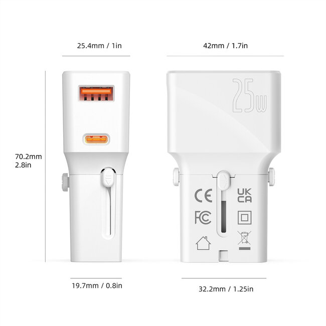 VALUE USB Reise-Charger mit Euro-Flach-/UK-/US-Stecker, 2 Port (Typ-A QC3.0, Typ-C PD), 25W