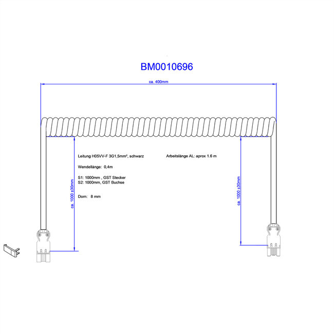 BACHMANN Spiralleitung H05VV-F3G1,5mm² sw 4,0m ISV Verriegelung