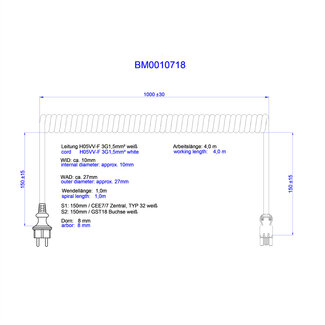 Bachmann BACHMANN Spiralleitung H05VV-F 3G1,5mm² L:1,0m ws ISV/CEE7/7