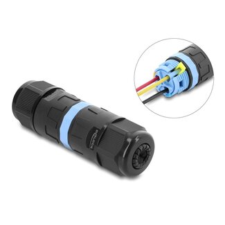 DeLOCK Delock Cable Connector with clamp connection 3 pin, IP68 waterproof, cable diameter 5 - 9 mm, incl. seals for 9 - 12 mm, tool-free black