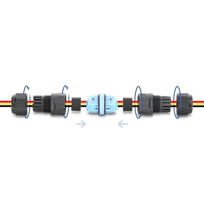 Delock Cable Connector with clamp connection 3 pin, IP68 waterproof, cable diameter 5 - 9 mm, incl. seals for 9 - 12 mm, tool-free black