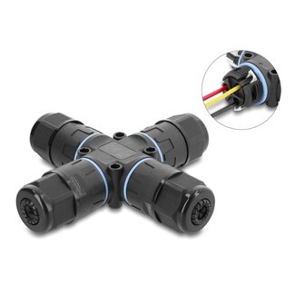 DeLOCK Delock Cable Connector X-shape with clamp connection 3 pin, IP68 waterproof, cable diameter 5 - 9 mm, incl. seal for 9 - 12 mm, tool-free black