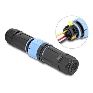 DeLOCK Delock Cable Connector with bayonet lock 3 pin male to female, IP68 waterproof, cable diameter 5 - 9 mm, incl. seals for 9 - 12 mm tool-free black