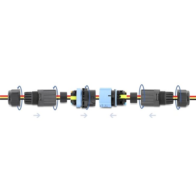Delock Cable Connector with bayonet lock 3 pin male to female, IP68 waterproof, cable diameter 5 - 9 mm, incl. seals for 9 - 12 mm tool-free black