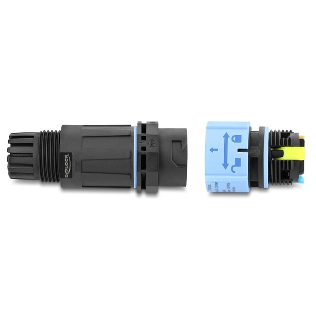 Delock Cable Connector with bayonet lock 3 pin male to female, IP68 waterproof, cable diameter 5 - 9 mm, incl. seals for 9 - 12 mm tool-free black