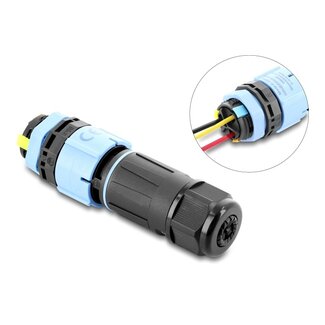 DeLOCK Delock Cable Connector with bayonet lock 3 pin male to female with housing for built-in, IP68 waterproof, cable diameter 5 - 9 mm, incl. seals for 9 - 12 mm tool-free black