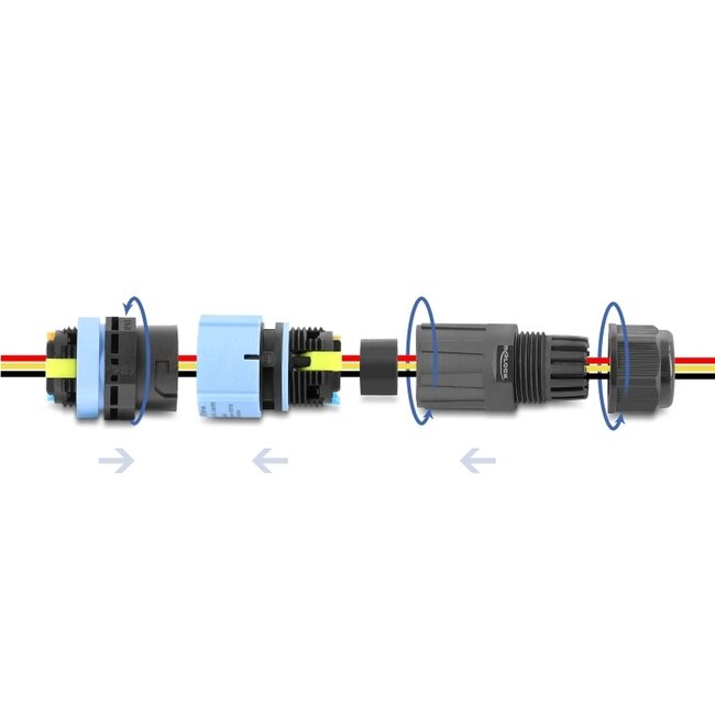 Delock Cable Connector with bayonet lock 3 pin male to female with housing for built-in, IP68 waterproof, cable diameter 5 - 9 mm, incl. seals for 9 - 12 mm tool-free black